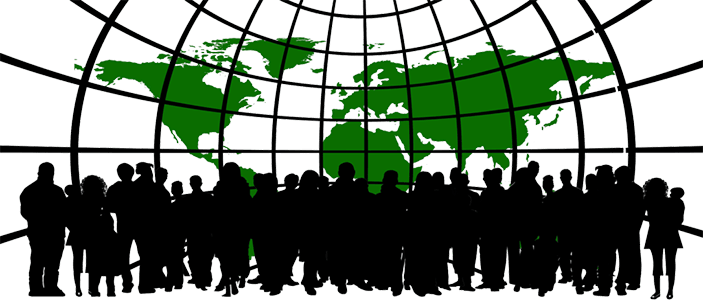 A globe of the world displaying a diverse set of people.
